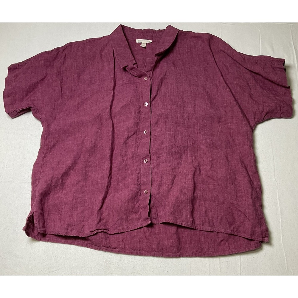 Eileen Fisher Button Down Shirt Women M Berry Pink Organic Linen Short Sleve 593
